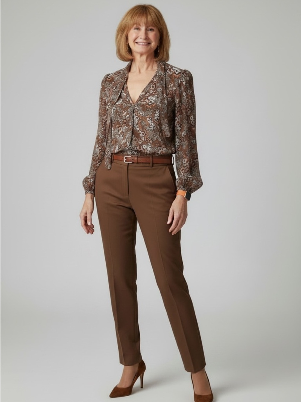 Paige silk butterfly Brown Floral Sheer print Blouse long sleeve med